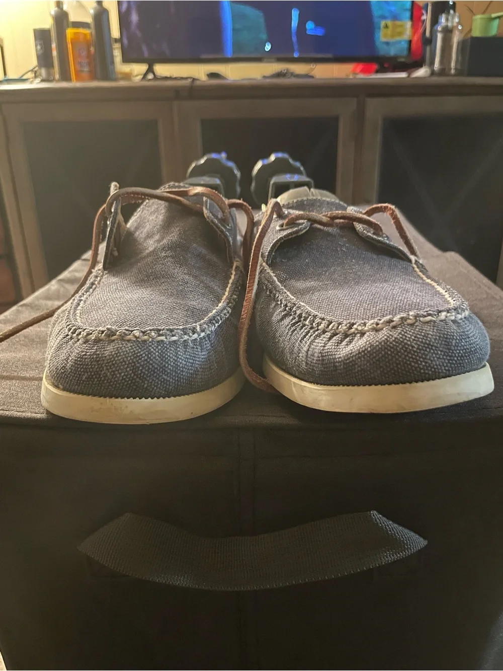 Peter Millar Men's Navy Canvas Boat Shoes with Brown Laces